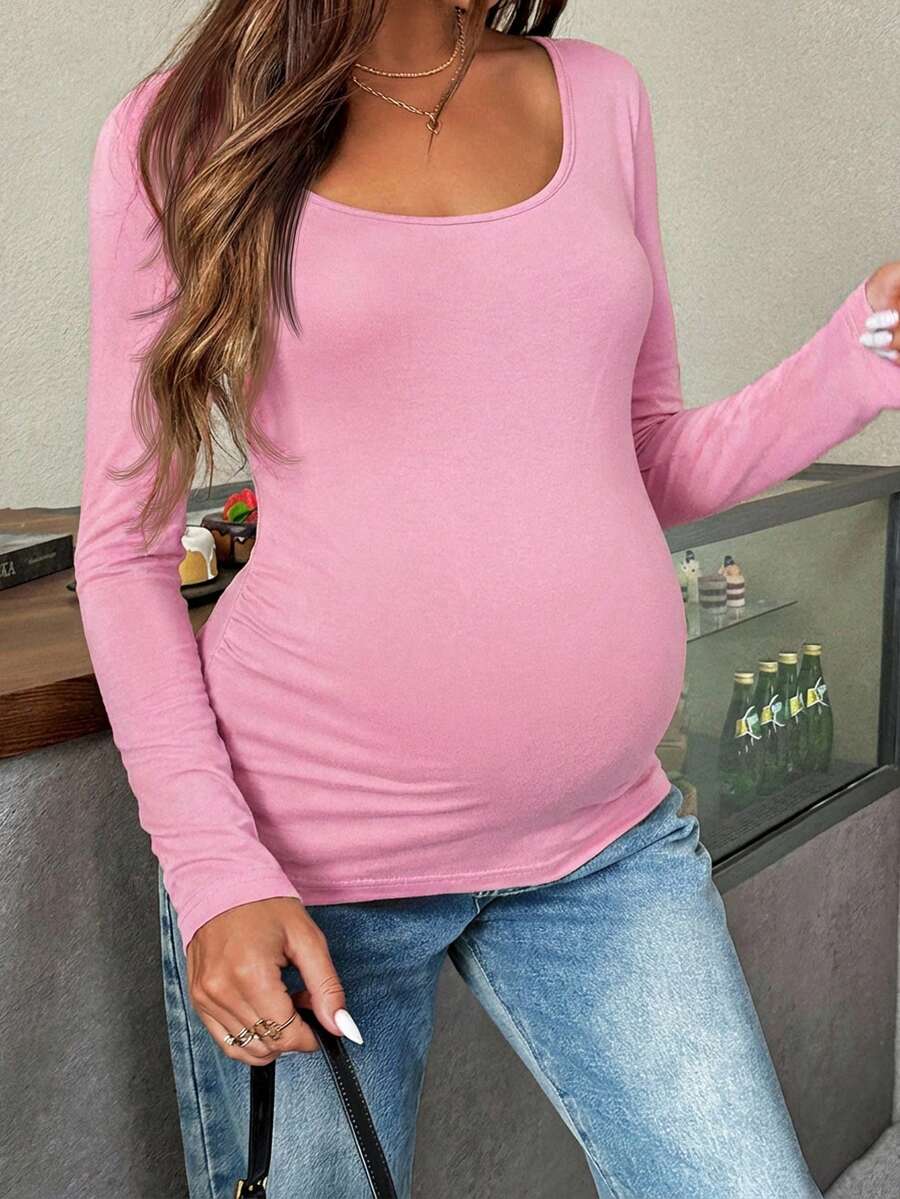 Maternity White Scoop Neck Long Sleeve Fitted T-Shirt - Slim Fit Knitted Pregnancy Top for Casual Daily Wear
