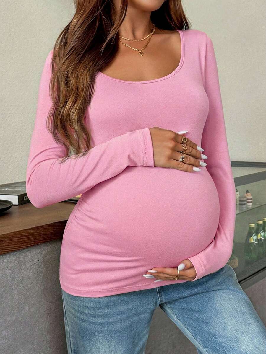 Maternity White Scoop Neck Long Sleeve Fitted T-Shirt - Slim Fit Knitted Pregnancy Top for Casual Daily Wear