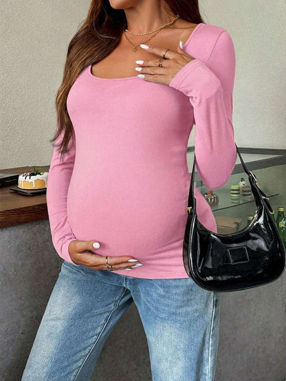 Maternity White Scoop Neck Long Sleeve Fitted T-Shirt - Slim Fit Knitted Pregnancy Top for Casual Daily Wear