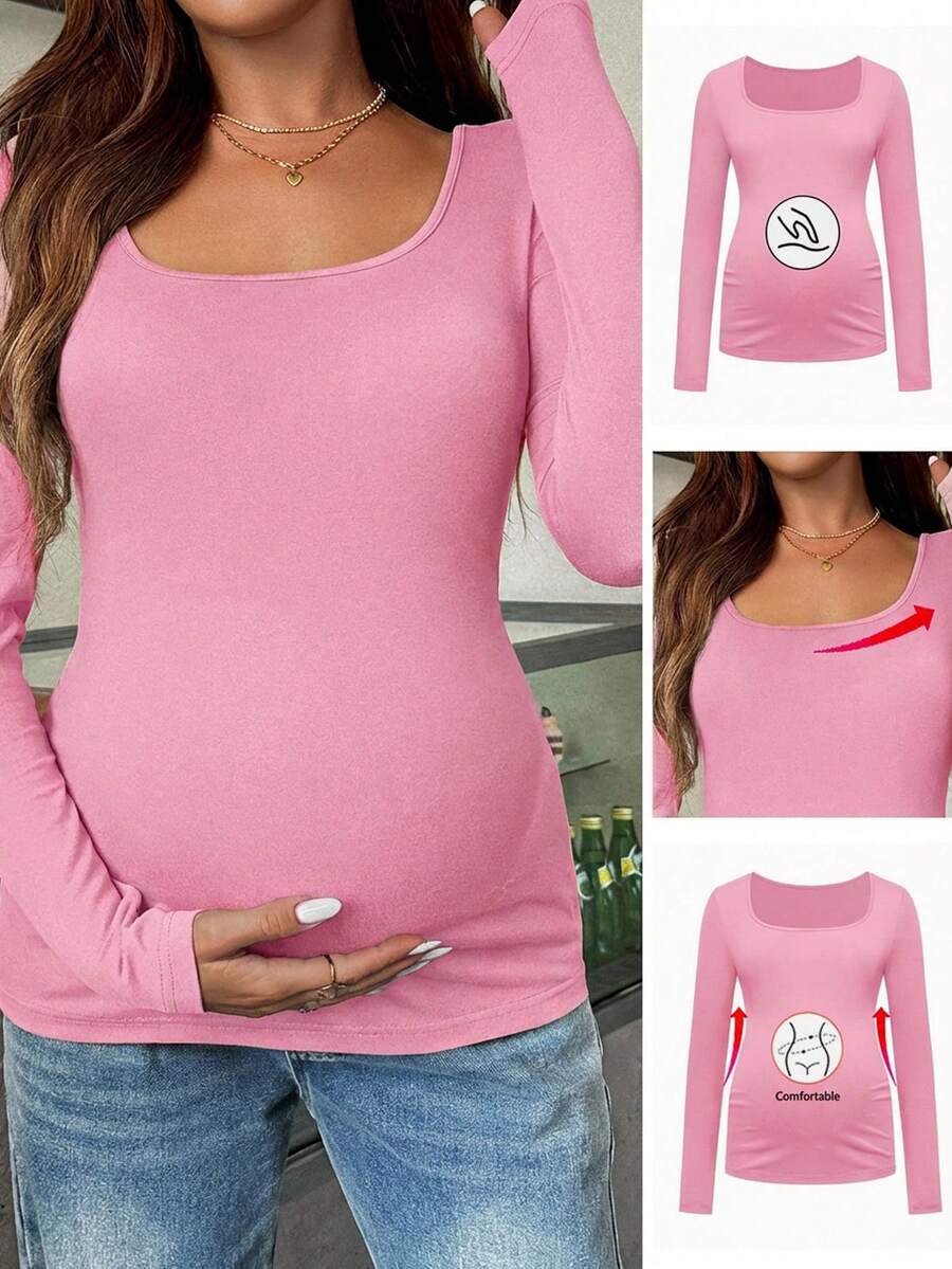 Maternity White Scoop Neck Long Sleeve Fitted T-Shirt - Slim Fit Knitted Pregnancy Top for Casual Daily Wear