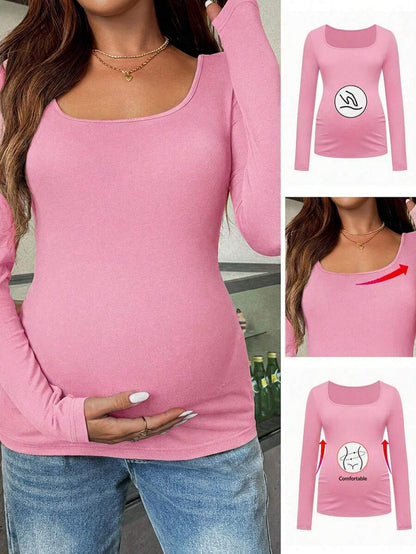 Maternity White Scoop Neck Long Sleeve Fitted T-Shirt - Slim Fit Knitted Pregnancy Top for Casual Daily Wear
