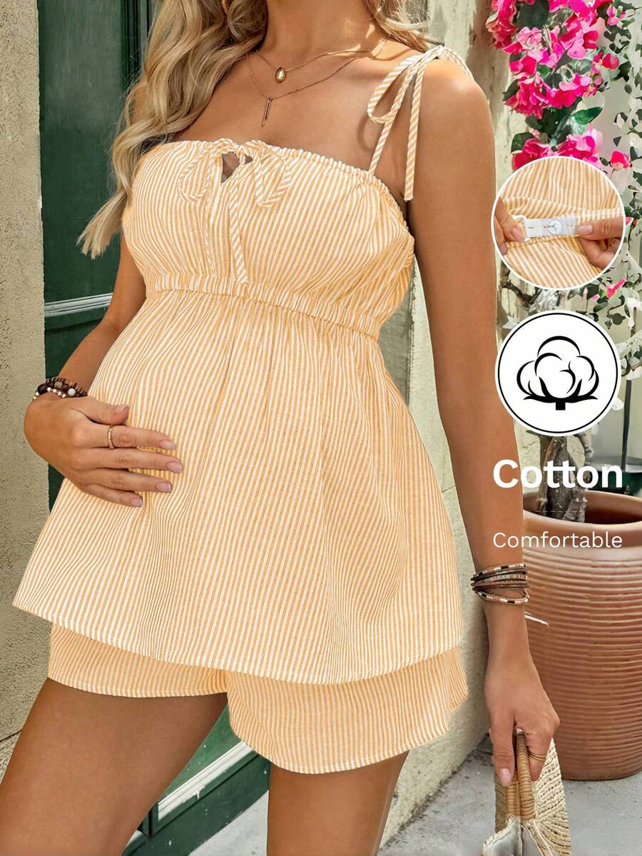 Maternity Vacation Set 2 Pack - Striped Tie Front Cami and Adjustable Shorts, Summer Loungewear