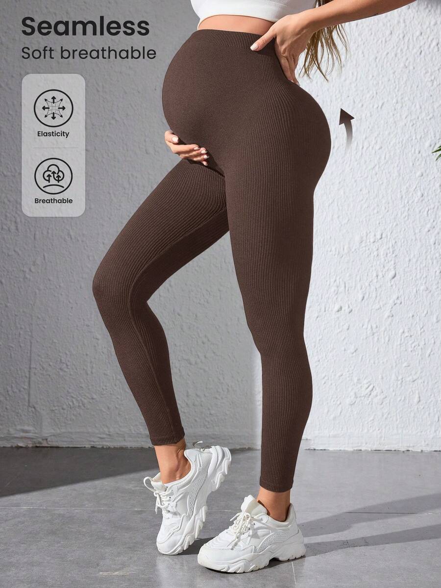 Maternity Sports Leggings - Seamless, High Waist, Cropped, Medium Stretch, Black