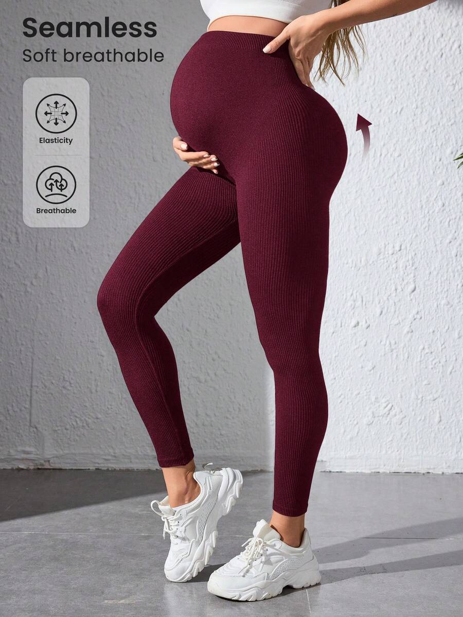 Maternity Sports Leggings - Seamless, High Waist, Cropped, Medium Stretch, Black
