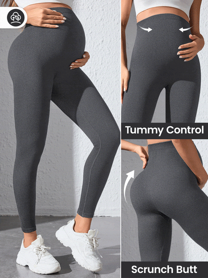 Maternity Sports Leggings - Seamless, High Waist, Cropped, Medium Stretch, Black