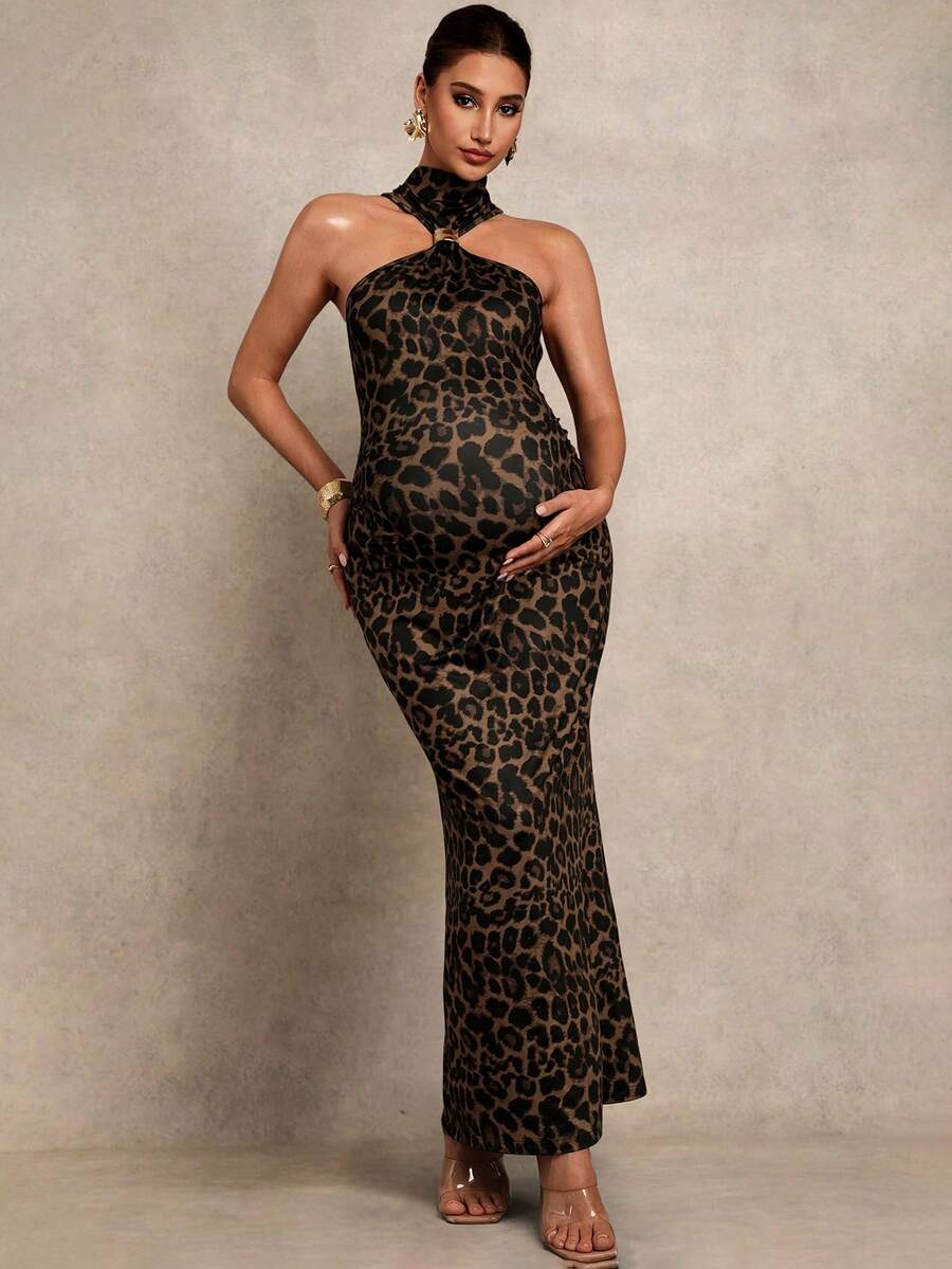Maternity Clothes Dress Pregnant Women's Fashionable Party Banquet Leopard Print Bodycon Halter Summer Baby Shower Elegant Black