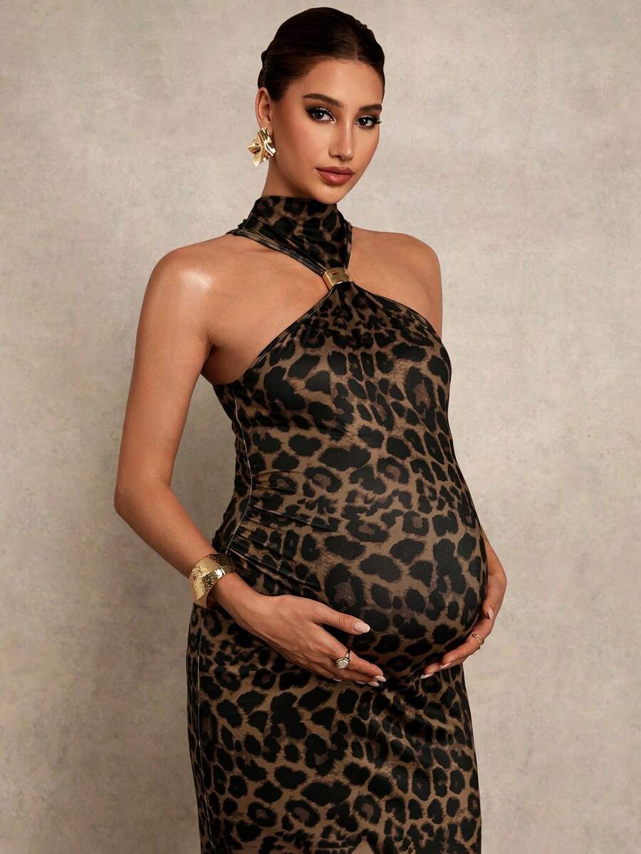 Maternity Clothes Dress Pregnant Women's Fashionable Party Banquet Leopard Print Bodycon Halter Summer Baby Shower Elegant Black