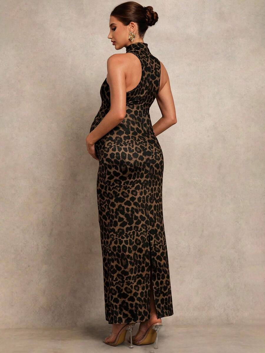 Maternity Clothes Dress Pregnant Women's Fashionable Party Banquet Leopard Print Bodycon Halter Summer Baby Shower Elegant Black
