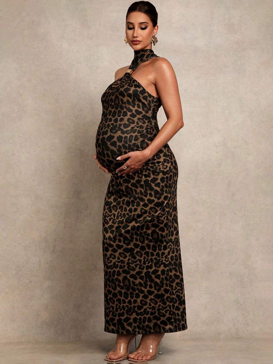 Maternity Clothes Dress Pregnant Women's Fashionable Party Banquet Leopard Print Bodycon Halter Summer Baby Shower Elegant Black