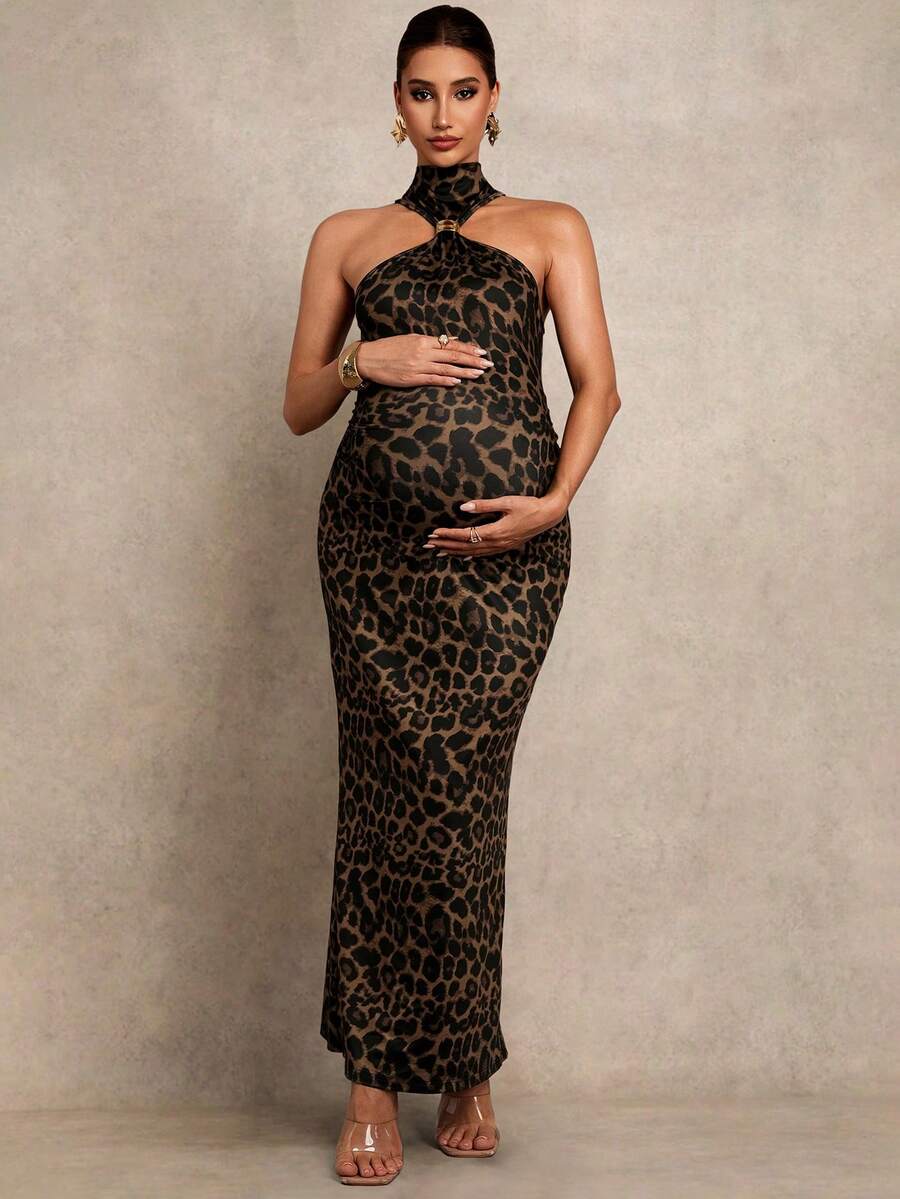 MaterniChic Maternity Clothes Dress Pregnant Women's Fashionable Party Banquet Leopard Print Bodycon Halter Summer Baby Shower Elegant Black