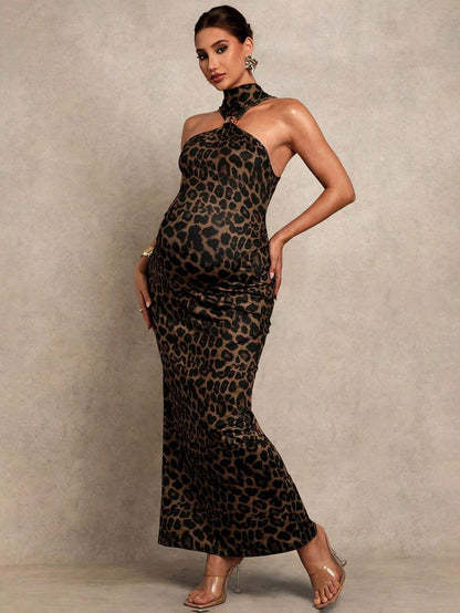 MaterniChic Maternity Clothes Dress Pregnant Women's Fashionable Party Banquet Leopard Print Bodycon Halter Summer Baby Shower Elegant Black
