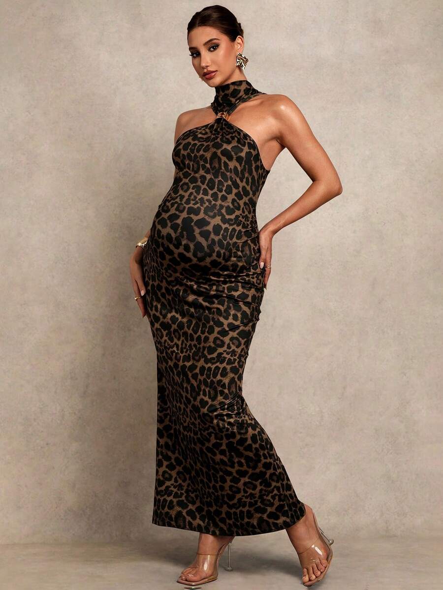 Maternity Clothes Dress Pregnant Women's Fashionable Party Banquet Leopard Print Bodycon Halter Summer Baby Shower Elegant Black