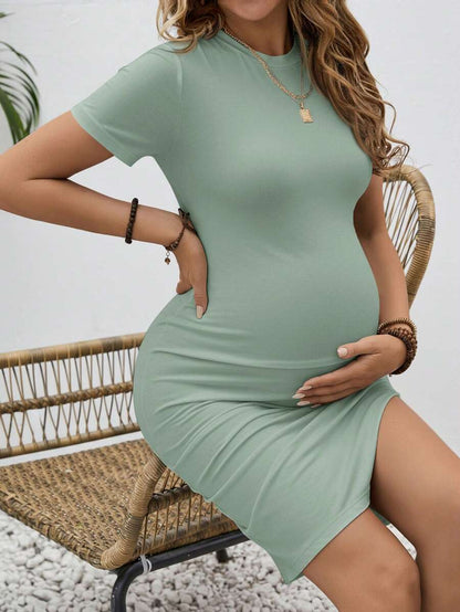 Maternity Short Sleeve Ruched Bodycon Dress Slim Fit Knee Length Solid Color Pregnancy Pencil Dress for Casual Home Wear