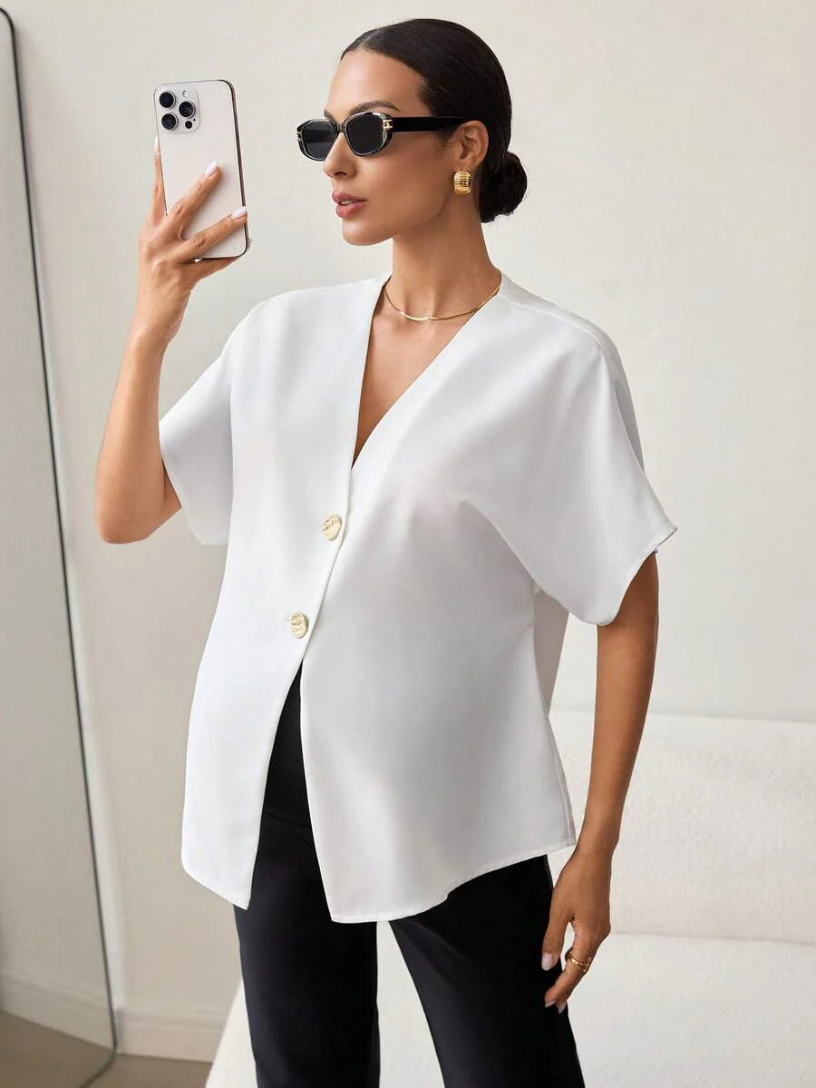 Khaki Color-Blocked Maternity Work Top with Metallic Buttons Elegant V-Neck Batwing Sleeve Commuting and Night Out Blouse