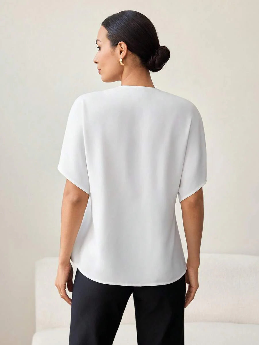 Khaki Color-Blocked Maternity Work Top with Metallic Buttons Elegant V-Neck Batwing Sleeve Commuting and Night Out Blouse