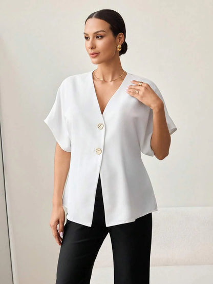 Khaki Color-Blocked Maternity Work Top with Metallic Buttons Elegant V-Neck Batwing Sleeve Commuting and Night Out Blouse