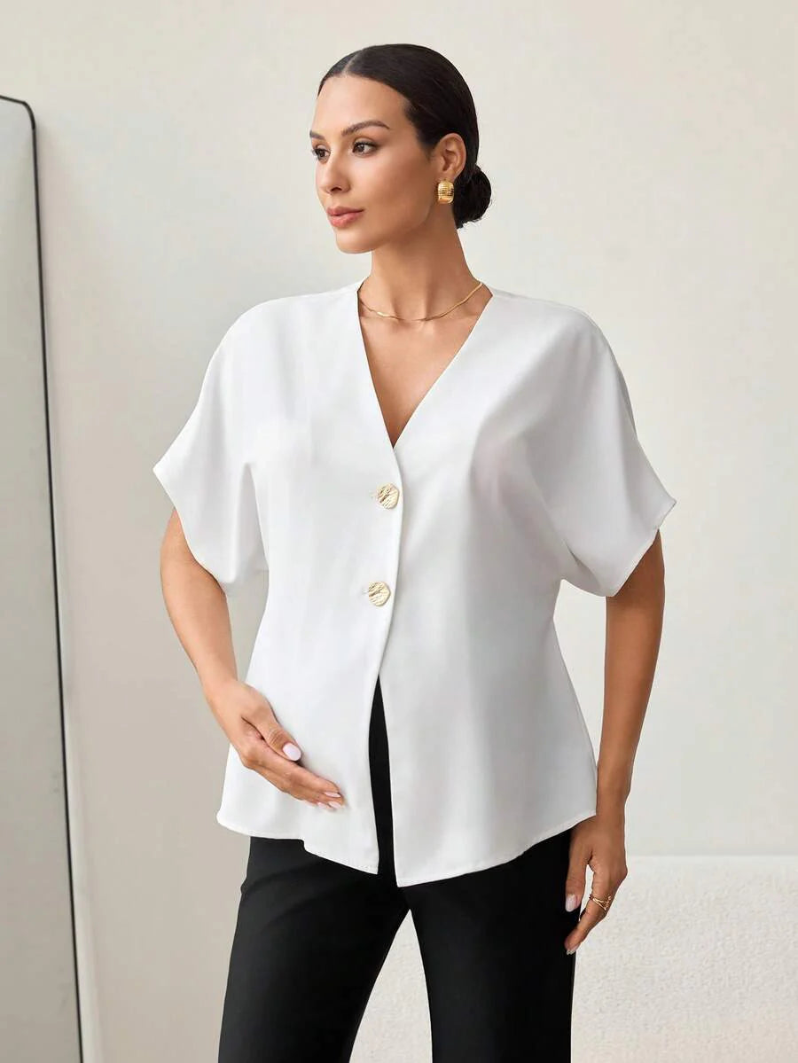 Khaki Color-Blocked Maternity Work Top with Metallic Buttons Elegant V-Neck Batwing Sleeve Commuting and Night Out Blouse