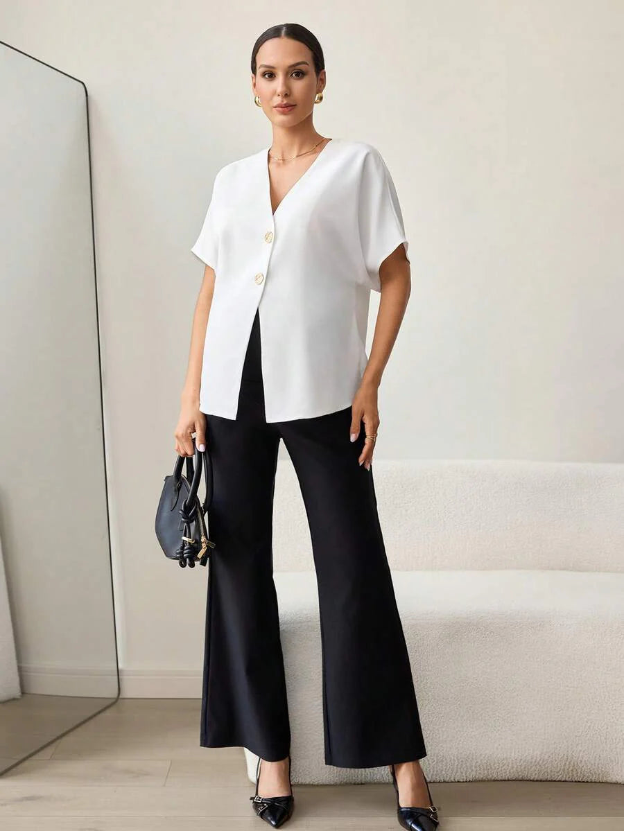 Khaki Color-Blocked Maternity Work Top with Metallic Buttons Elegant V-Neck Batwing Sleeve Commuting and Night Out Blouse