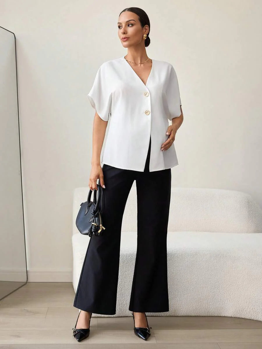Khaki Color-Blocked Maternity Work Top with Metallic Buttons Elegant V-Neck Batwing Sleeve Commuting and Night Out Blouse
