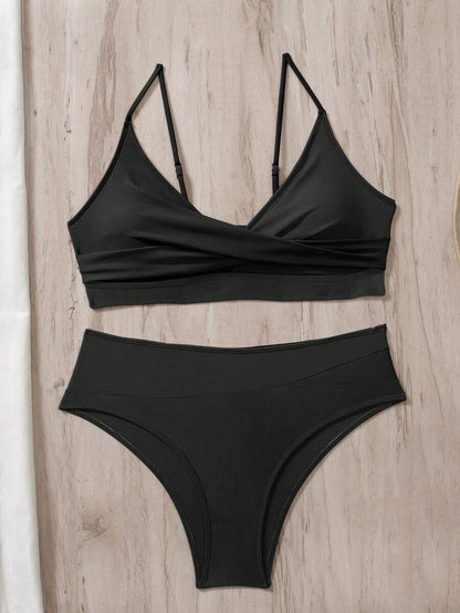 Women's 2-Piece Color-Block Bikini Set - Spaghetti Strap, Criss Cross, High Waist, Multicolor