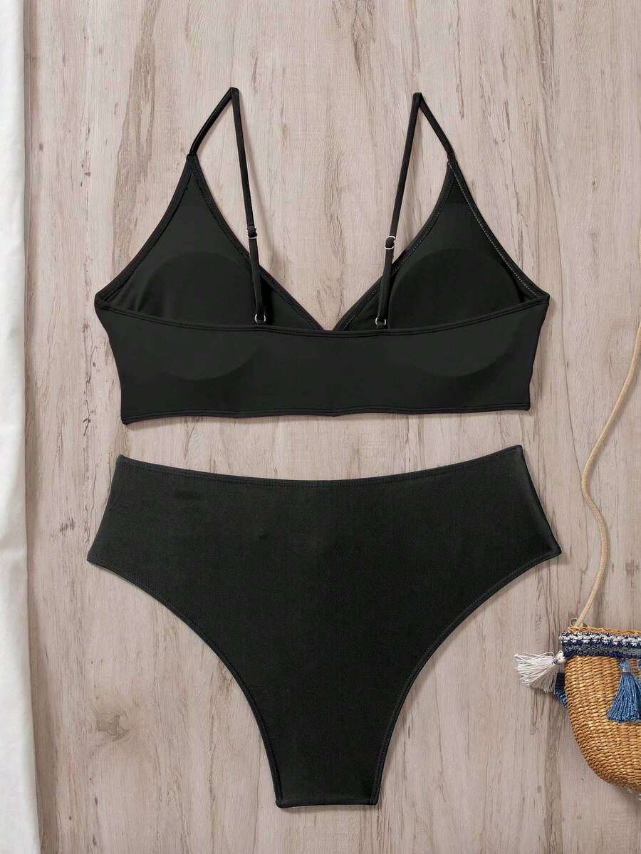 Women's 2-Piece Color-Block Bikini Set - Spaghetti Strap, Criss Cross, High Waist, Multicolor