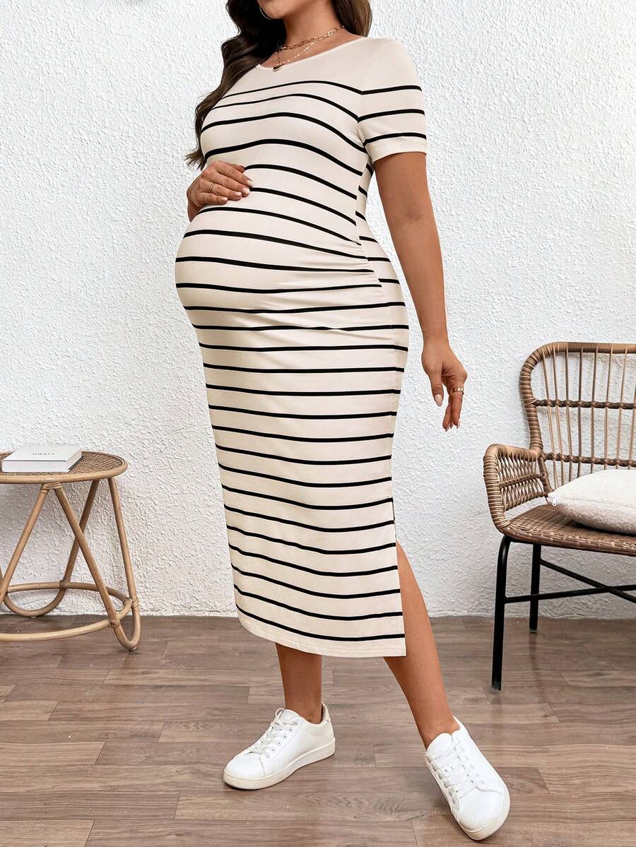 Plus Size Maternity Striped Long Dress - Round Neck, Short Sleeve, Split Hem, Khaki