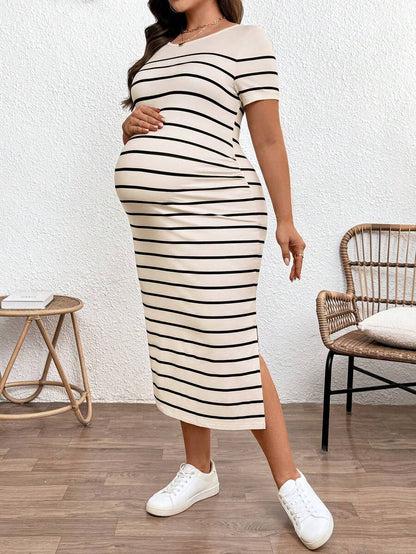 Plus Size Maternity Striped Long Dress - Round Neck, Short Sleeve, Split Hem, Khaki