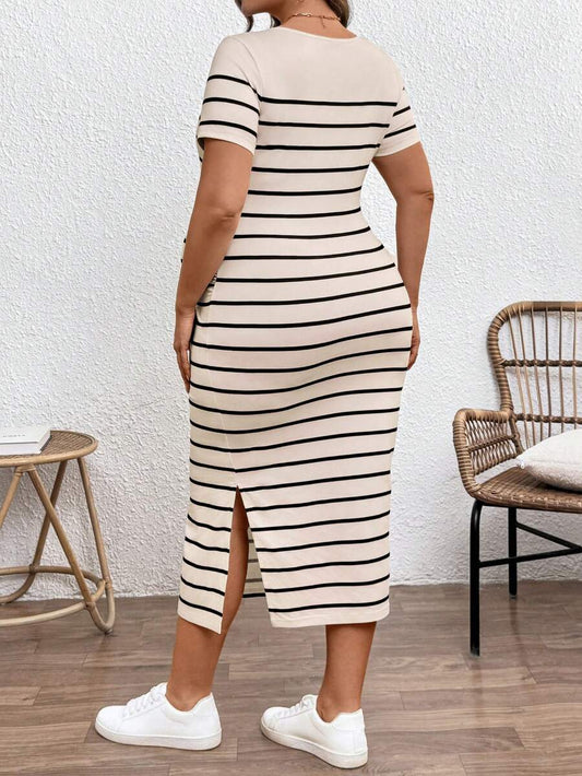 Plus Size Maternity Striped Long Dress - Round Neck, Short Sleeve, Split Hem, Khaki