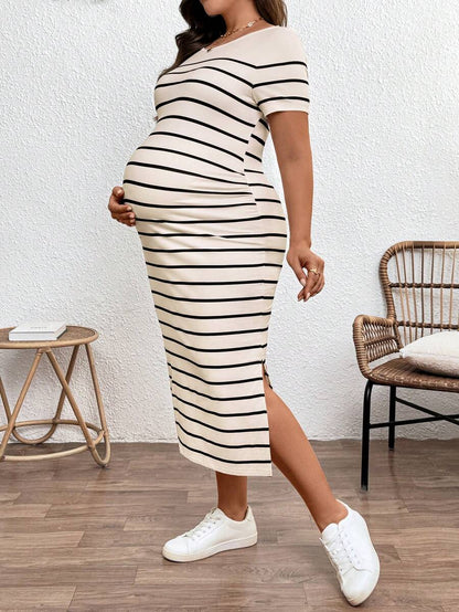Plus Size Maternity Striped Long Dress - Round Neck, Short Sleeve, Split Hem, Khaki