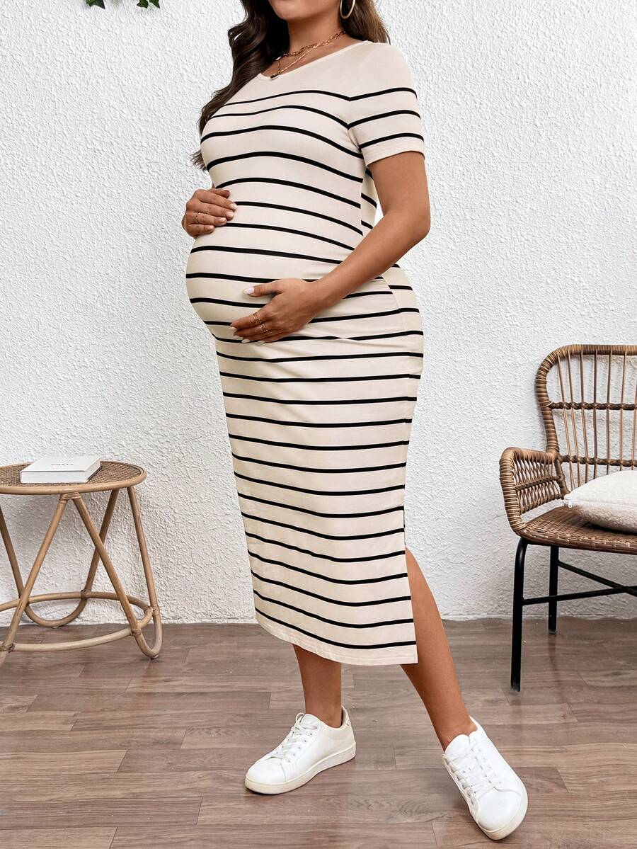 Plus Size Maternity Striped Long Dress - Round Neck, Short Sleeve, Split Hem, Khaki