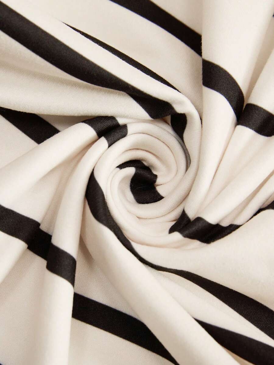 Plus Size Maternity Striped Long Dress - Round Neck, Short Sleeve, Split Hem, Khaki