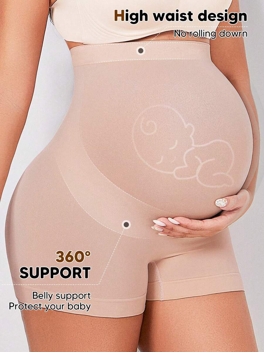 Maternity High Waist Rib-Knit Yoga Shorts with Elastic Belly Support Panel, Geometric Print Winter Activewear, Beige
