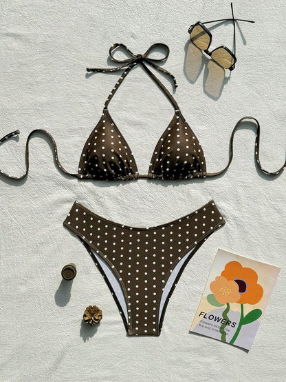 Swim Vcay 2026 Spring/Summer Women's Spaghetti Strap Halter Neck Black Base White Polka Dot Random Print Sweet Cute Side High Cut Bikini Swimwear 2-Piece Set Vacation Bikini Set Pink Bikini Set High Leg Bikini Set Modest Bikini Set Bikini Set