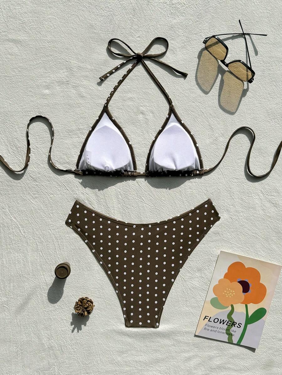 Swim Vcay 2026 Spring/Summer Women's Spaghetti Strap Halter Neck Black Base White Polka Dot Random Print Sweet Cute Side High Cut Bikini Swimwear 2-Piece Set Vacation Bikini Set Pink Bikini Set High Leg Bikini Set Modest Bikini Set Bikini Set
