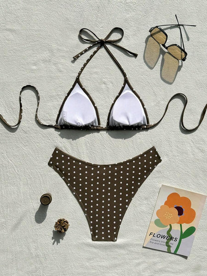 Swim Vcay 2026 Spring/Summer Women's Spaghetti Strap Halter Neck Black Base White Polka Dot Random Print Sweet Cute Side High Cut Bikini Swimwear 2-Piece Set Vacation Bikini Set Pink Bikini Set High Leg Bikini Set Modest Bikini Set Bikini Set