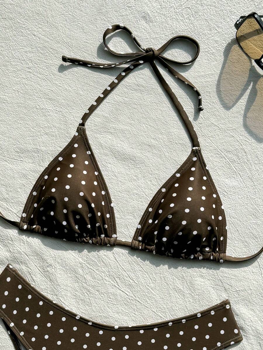 Swim Vcay 2026 Spring/Summer Women's Spaghetti Strap Halter Neck Black Base White Polka Dot Random Print Sweet Cute Side High Cut Bikini Swimwear 2-Piece Set Vacation Bikini Set Pink Bikini Set High Leg Bikini Set Modest Bikini Set Bikini Set