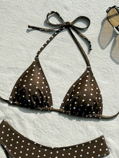 Swim Vcay 2026 Spring/Summer Women's Spaghetti Strap Halter Neck Black Base White Polka Dot Random Print Sweet Cute Side High Cut Bikini Swimwear 2-Piece Set Vacation Bikini Set Pink Bikini Set High Leg Bikini Set Modest Bikini Set Bikini Set