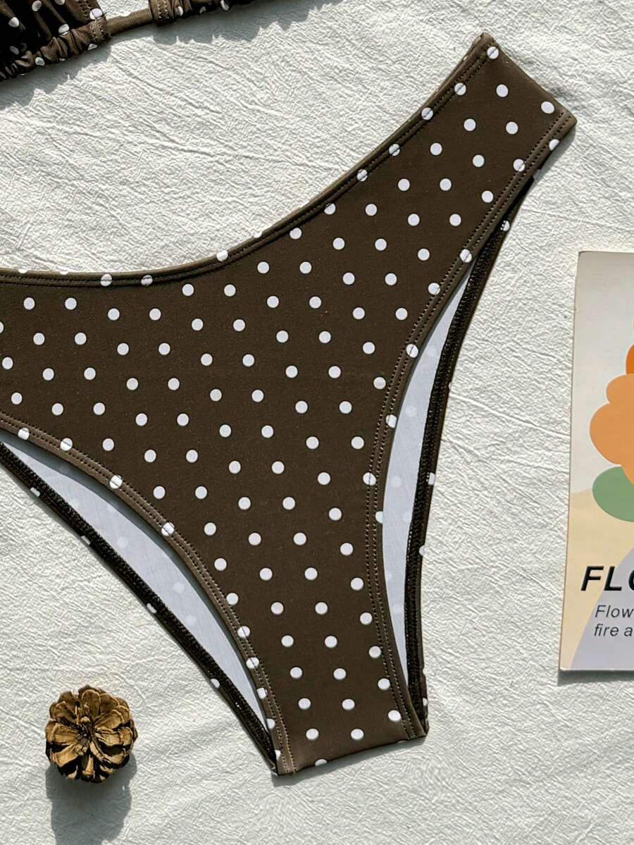Swim Vcay 2026 Spring/Summer Women's Spaghetti Strap Halter Neck Black Base White Polka Dot Random Print Sweet Cute Side High Cut Bikini Swimwear 2-Piece Set Vacation Bikini Set Pink Bikini Set High Leg Bikini Set Modest Bikini Set Bikini Set