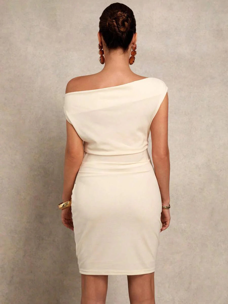 Maternity Clothes Dress Solid Color Ruched Asymmetric Shoulder Fitted Elegant Beige Pregnancy Photoshoot One Baby Shower