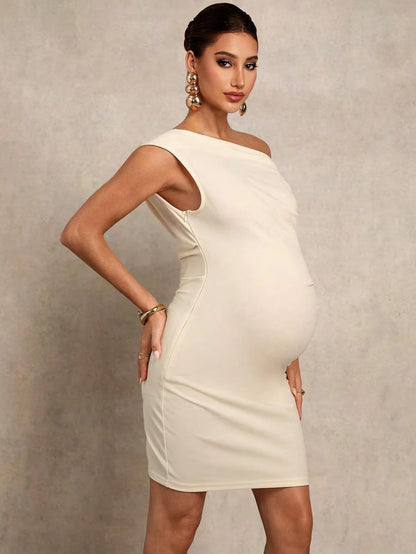 Maternity Clothes Dress Solid Color Ruched Asymmetric Shoulder Fitted Elegant Beige Pregnancy Photoshoot One Baby Shower