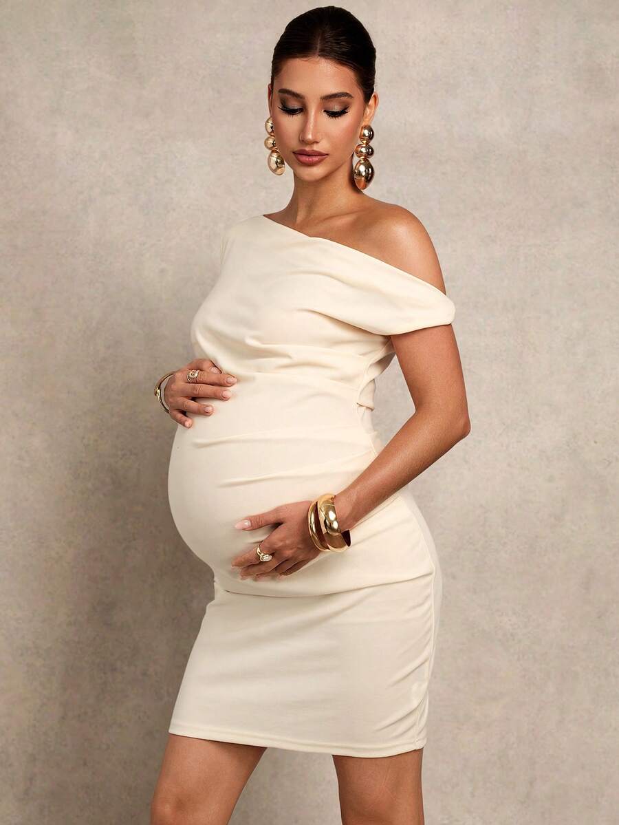 Maternity Clothes Dress Solid Color Ruched Asymmetric Shoulder Fitted Elegant Beige Pregnancy Photoshoot One Baby Shower
