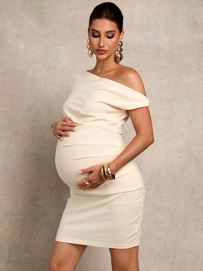 Maternity Clothes Dress Solid Color Ruched Asymmetric Shoulder Fitted Elegant Beige Pregnancy Photoshoot One Baby Shower