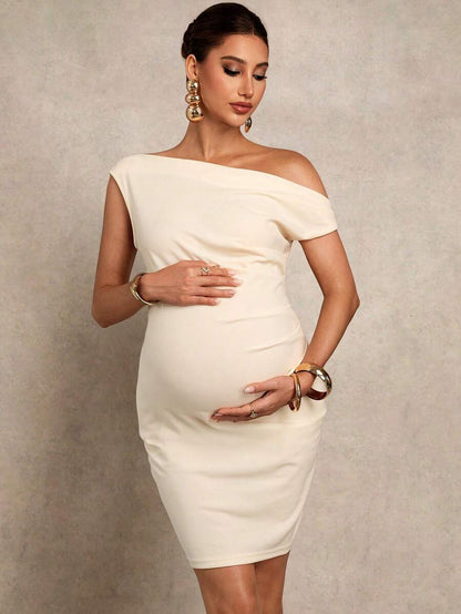 Maternity Clothes Dress Solid Color Ruched Asymmetric Shoulder Fitted Elegant Beige Pregnancy Photoshoot One Baby Shower