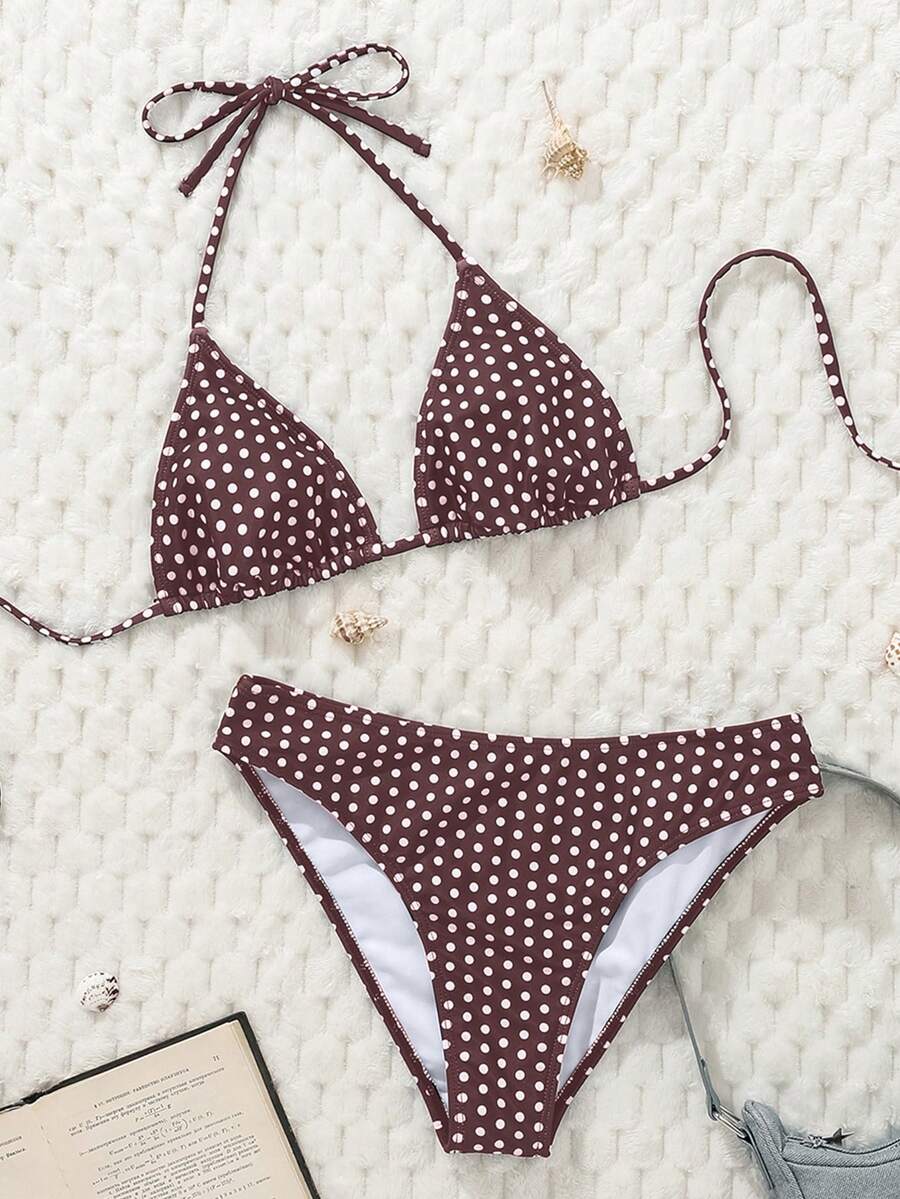 Swim Vcay Women's Summer New Contrast Color Striped Sexy Halter Triangle Cup Bikini Set