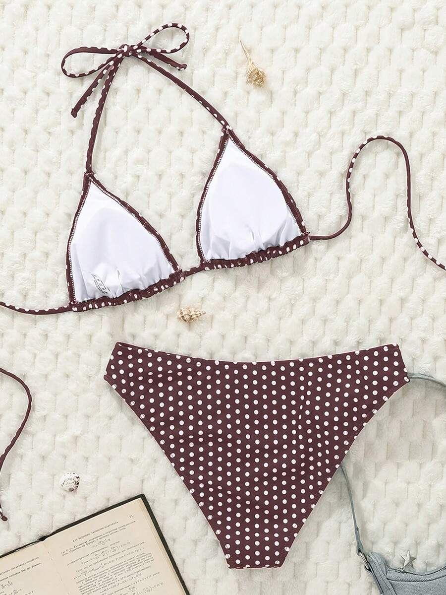 Swim Mod Women's Pink Polka Dot Print Halter Neck Low Waist Triangle Bikini Set, Summer Sexy Spring