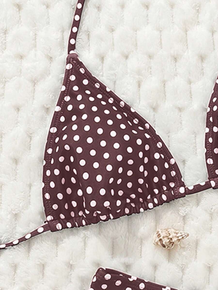 Swim Mod Women's Pink Polka Dot Print Halter Neck Low Waist Triangle Bikini Set, Summer Sexy Spring