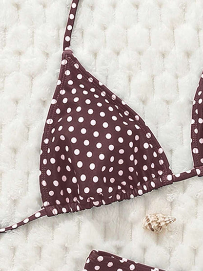 Swim Mod Women's Pink Polka Dot Print Halter Neck Low Waist Triangle Bikini Set, Summer Sexy Spring