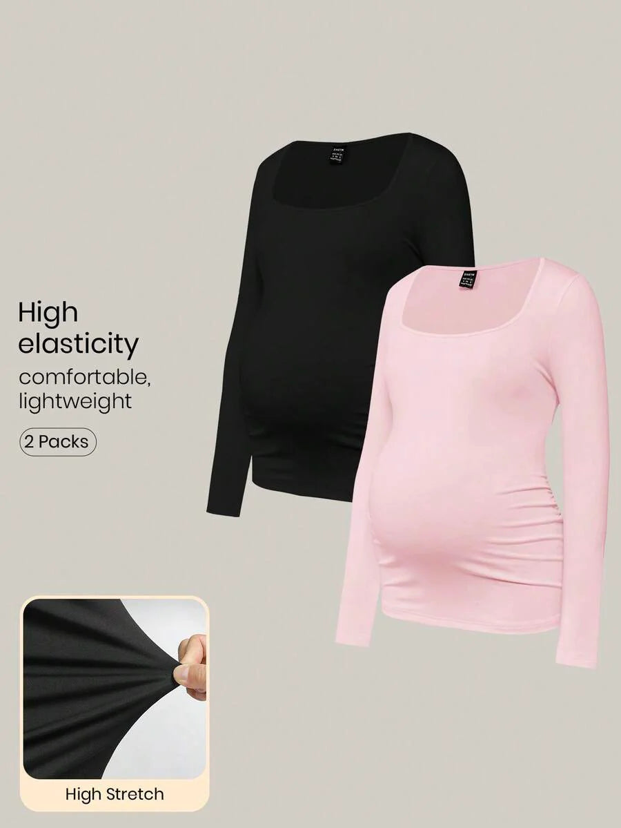 Maternity Ruched Square Neck Long Sleeve T-Shirt - Slim Fit High Stretch Knitted Pregnancy Top - Versatile Plain Daily Maternity Tee