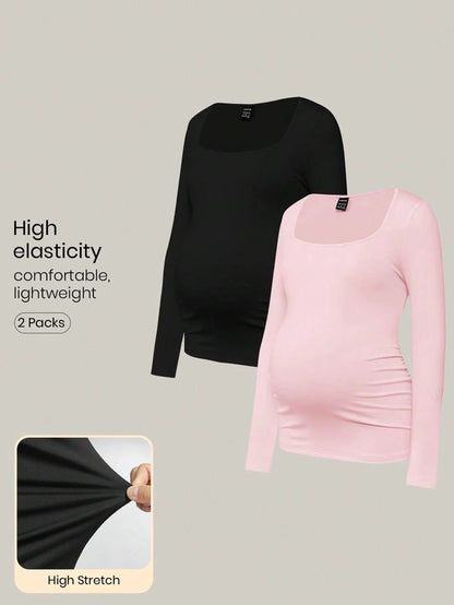 Maternity Ruched Square Neck Long Sleeve T-Shirt - Slim Fit High Stretch Knitted Pregnancy Top - Versatile Plain Daily Maternity Tee