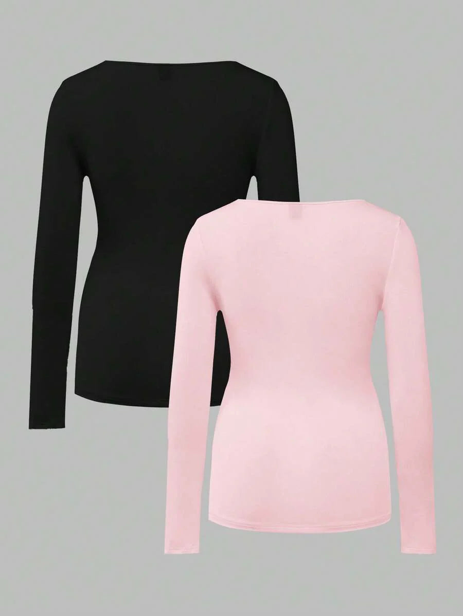Maternity Ruched Square Neck Long Sleeve T-Shirt - Slim Fit High Stretch Knitted Pregnancy Top - Versatile Plain Daily Maternity Tee